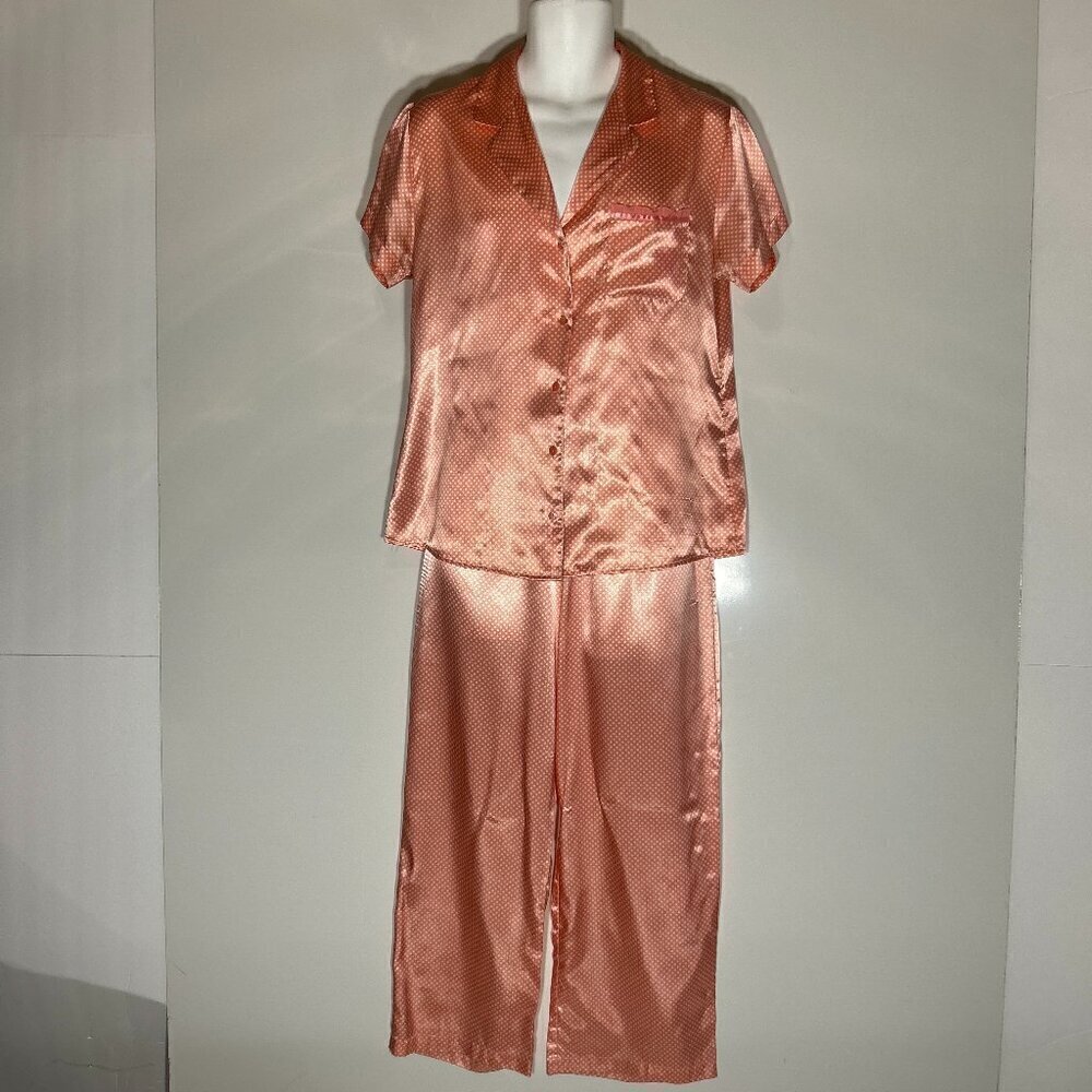 Adonna SZ L Silky romantic coral pink polka dot 2pc loungewear set comfy loose